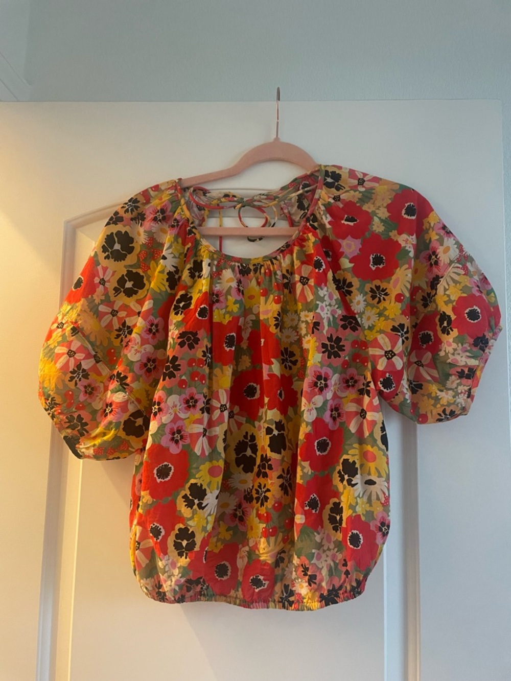 MOTHER Floral Puff-Sleeve Blouse in Red Multi